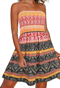 Pretty Orange Tribal Printed Summer Smock Strapless Mini Dress