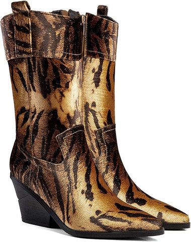 Mocha Tiger/Animal Print Velvet Mid Calf Boots