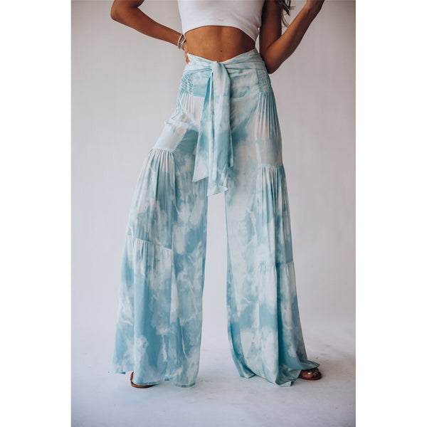 Floral Turquoise Tied Waist Wide Leg Palazzo Pants