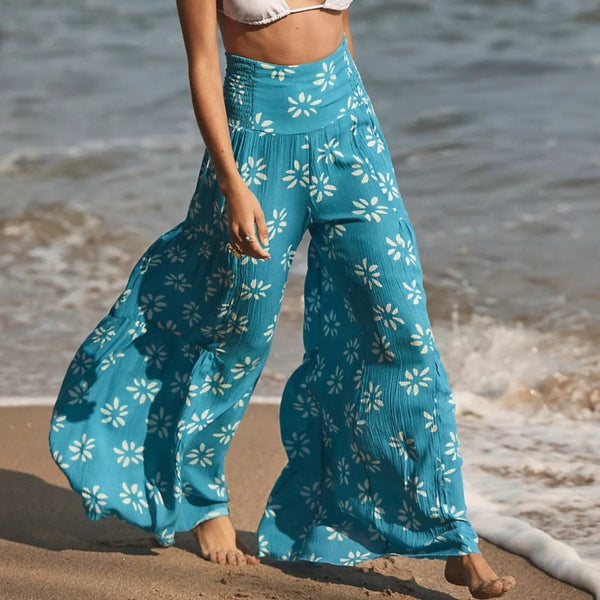 Floral Turquoise Tied Waist Wide Leg Palazzo Pants