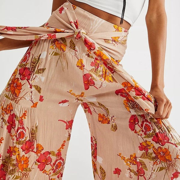 Floral Pink/Orange Tied Waist Wide Leg Palazzo Pants