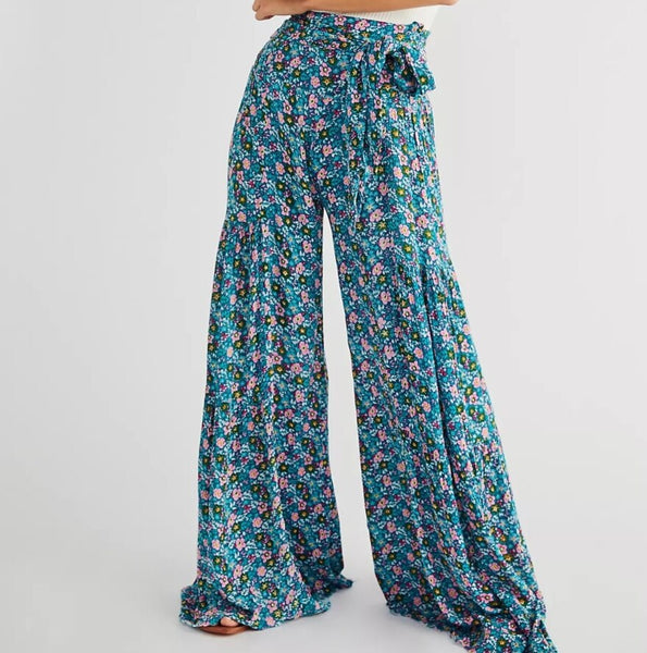 Floral Turquoise Tied Waist Wide Leg Palazzo Pants