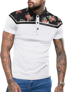 Men's White Floral Short Sleeve Polo Style T-Shirt