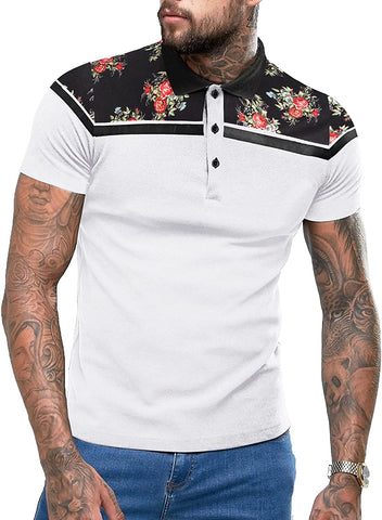 Men's White Floral Short Sleeve Polo Style T-Shirt