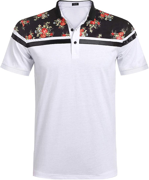 Men's White Floral Short Sleeve Polo Style T-Shirt