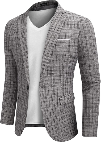 Men's Black Plaid Notched Lapel Long Sleeve Blazer