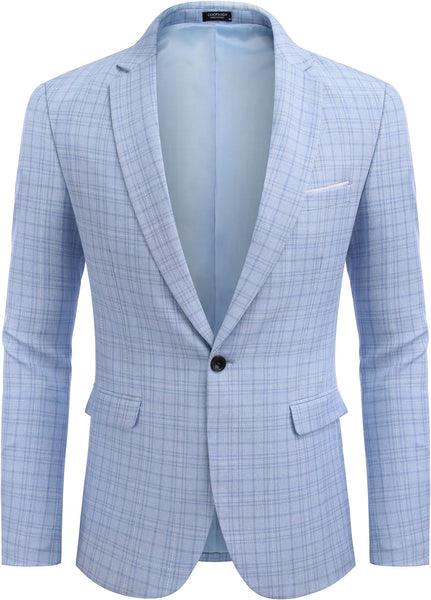 Men's Grey Plaid Notched Lapel Long Sleeve Blazer