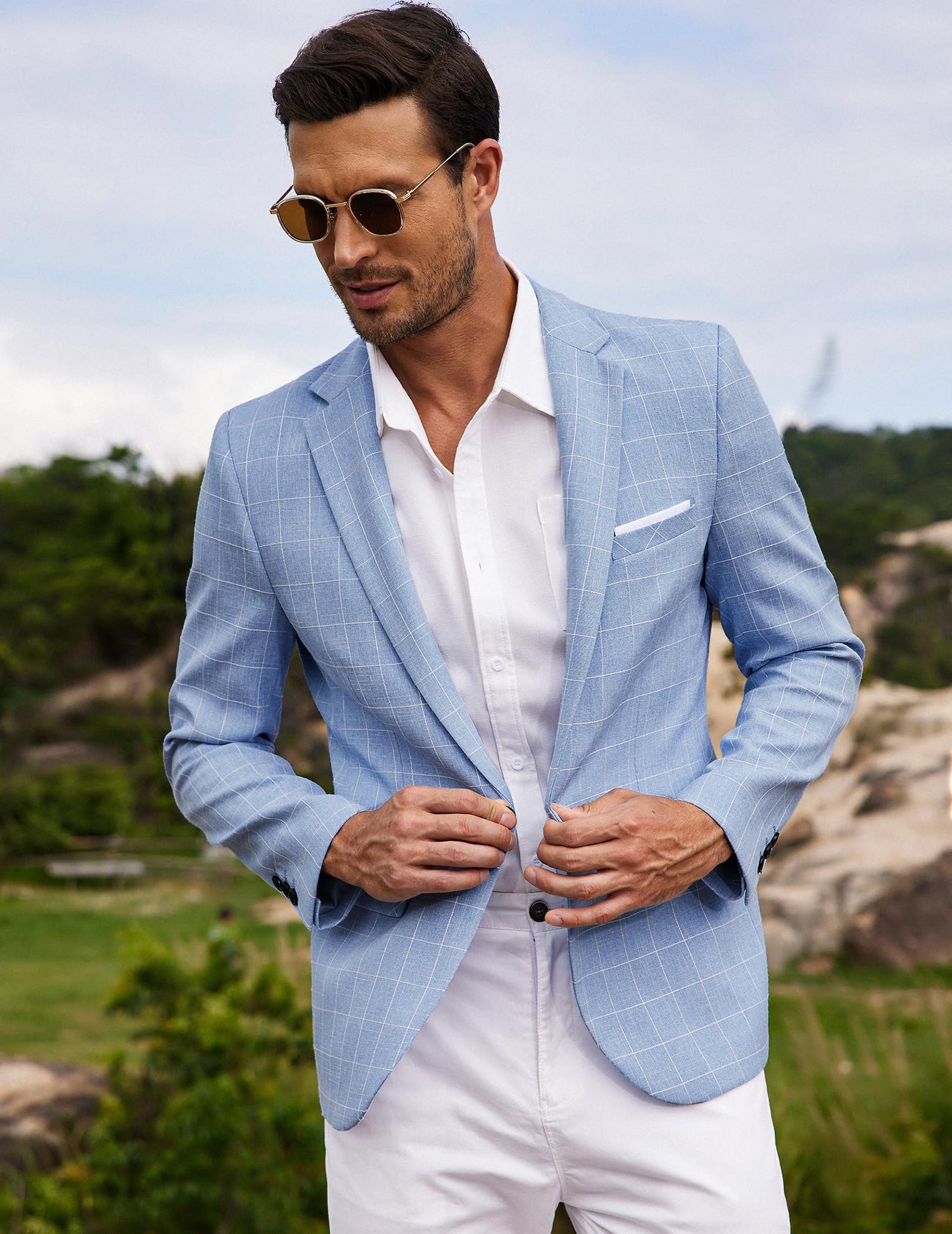 Men's Light Blue Notched Lapel Long Sleeve Blazer