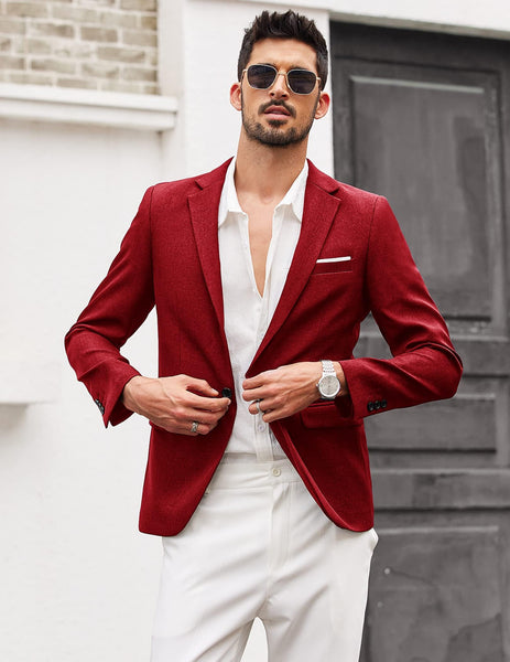 Men's Burgundy Red Notched Lapel Long Sleeve Blazer