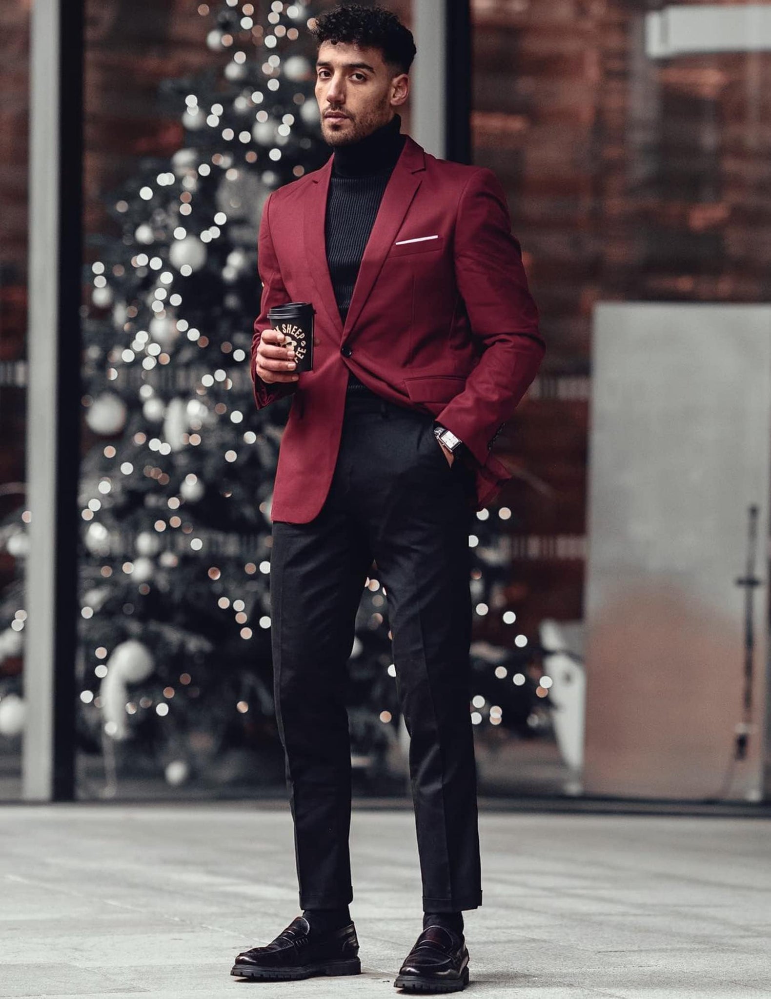 Men's Burgundy Red Notched Lapel Long Sleeve Blazer