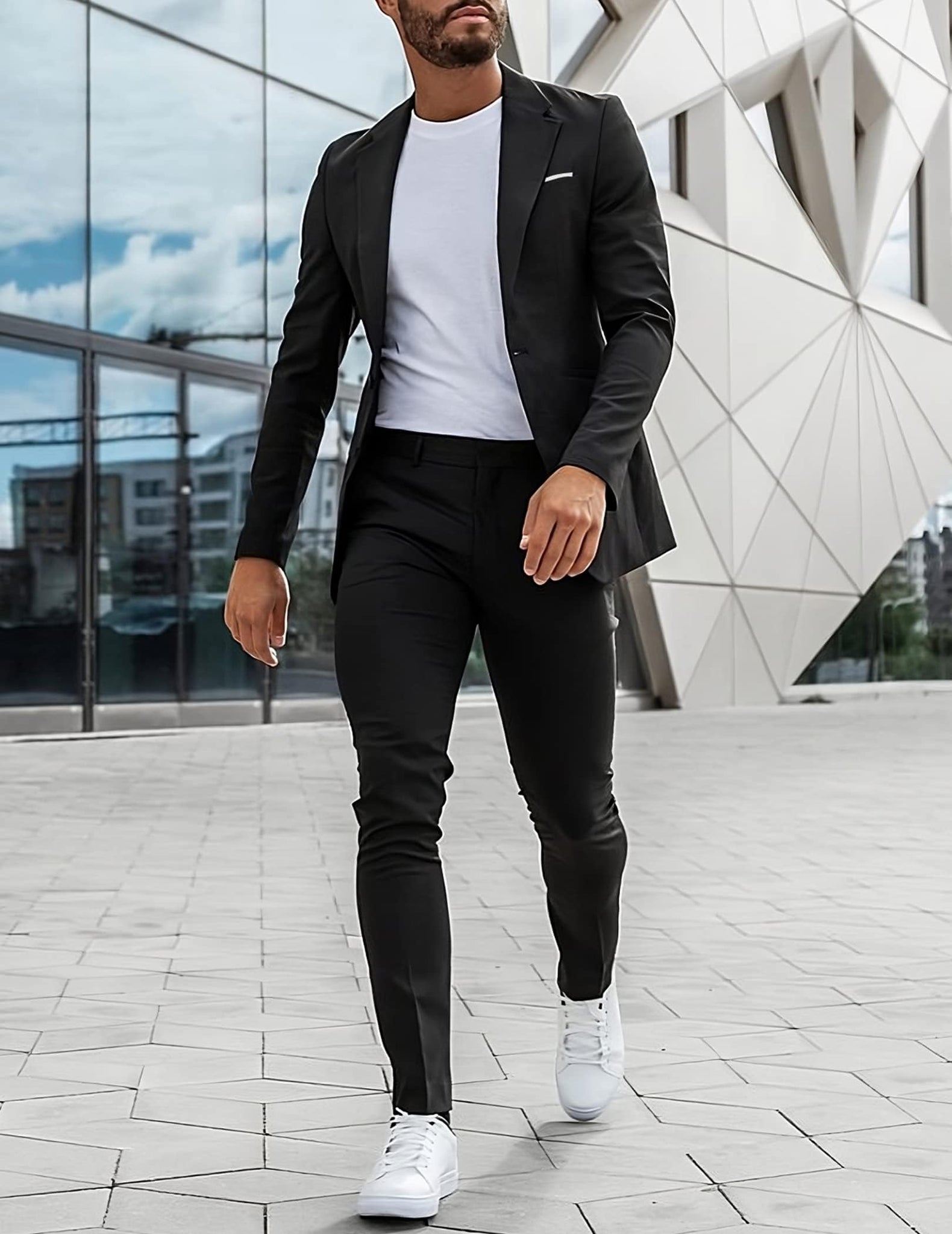 Men's Black Notched Lapel Long Sleeve Blazer