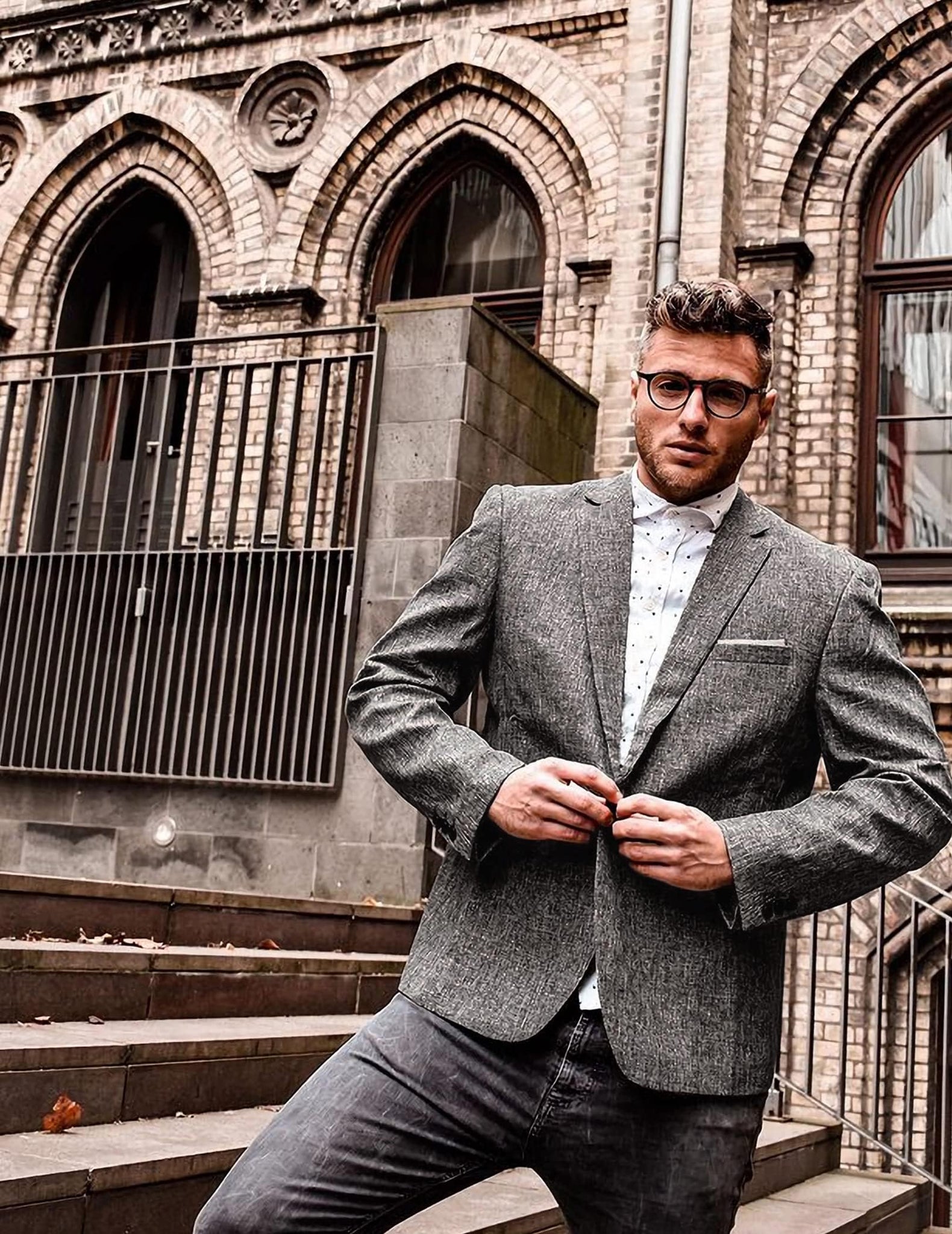 Men's Textured Grey Notched Lapel Long Sleeve Blazer