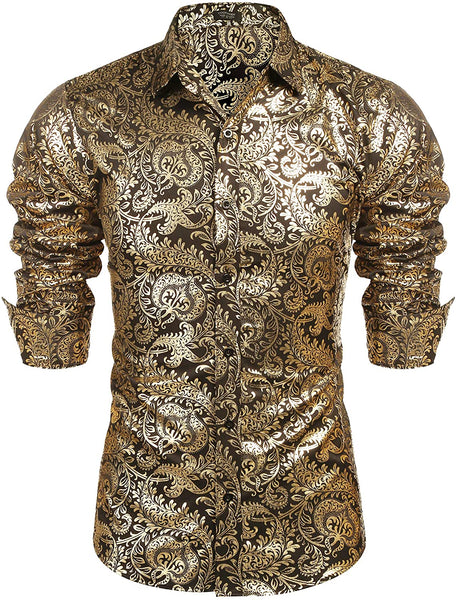 Men's Elegant Silver Floral Printed Long Sleeve Dress Shirt