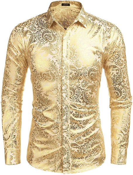 Men's Elegant Light Gold Floral Printed Long Sleeve Dress Shirt