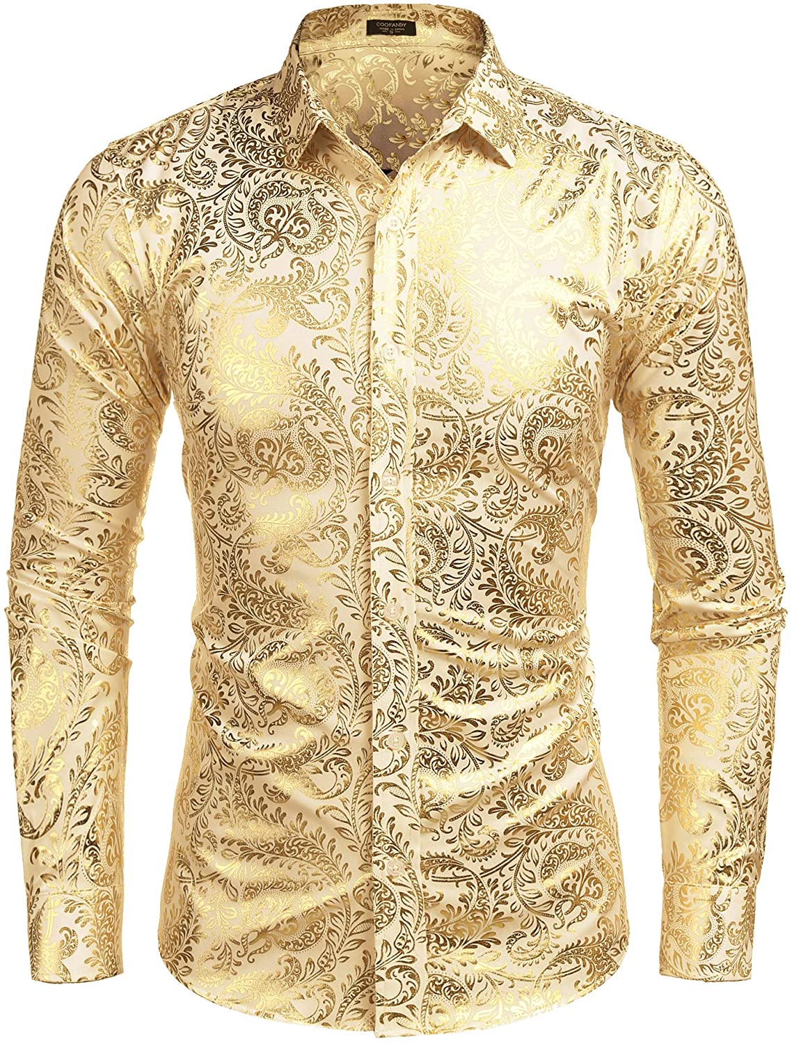 Men's Elegant Yellow Gold Floral Printed Long Sleeve Dress Shirt