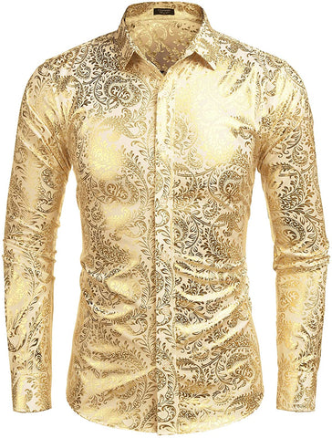 Men's Elegant Yellow Gold Floral Printed Long Sleeve Dress Shirt