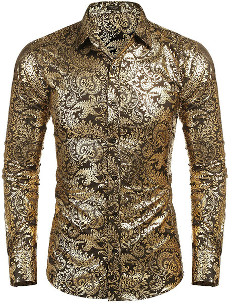 Men's Elegant Yellow Gold Floral Printed Long Sleeve Dress Shirt