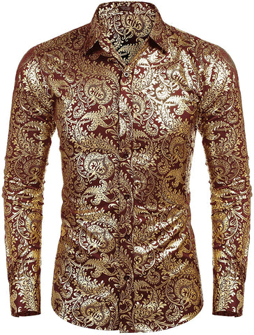 Men's Elegant Red/Gold Floral Printed Long Sleeve Dress Shirt