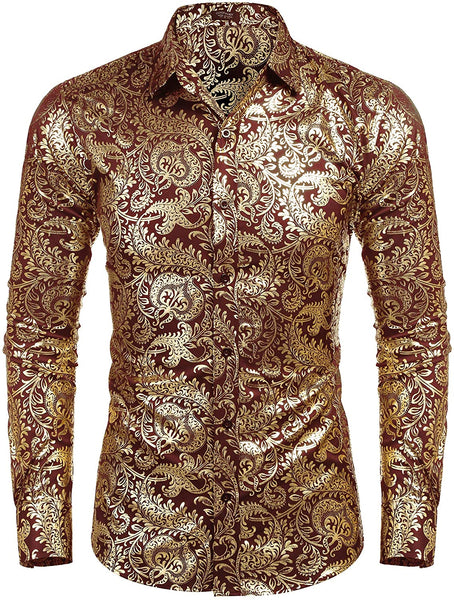 Men's Elegant Light Gold Floral Printed Long Sleeve Dress Shirt