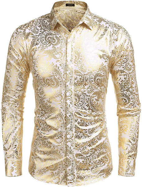 Men's Elegant Silver Floral Printed Long Sleeve Dress Shirt