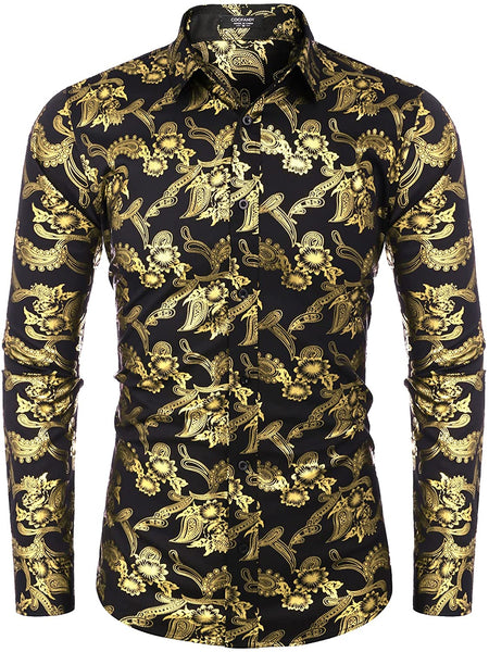 Men's Elegant Black/Silver Floral Printed Long Sleeve Dress Shirt