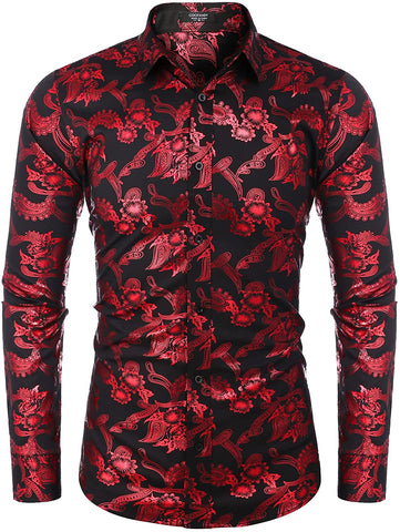 Men's Elegant Red/Black Floral Printed Long Sleeve Dress Shirt