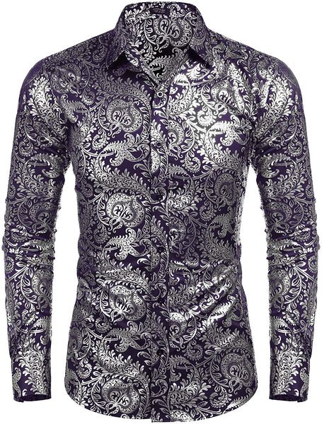 Men's Elegant Silver Floral Printed Long Sleeve Dress Shirt