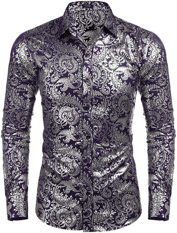 Men's Elegant Dark Silver Floral Printed Long Sleeve Dress Shirt