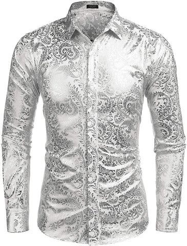 Men's Elegant Silver Floral Printed Long Sleeve Dress Shirt