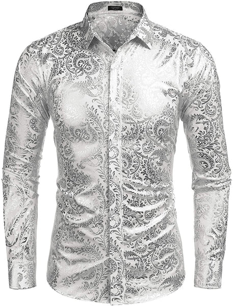 Men's Elegant Black/Silver Floral Printed Long Sleeve Dress Shirt