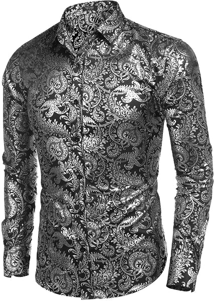 Men's Elegant Light Gold Floral Printed Long Sleeve Dress Shirt