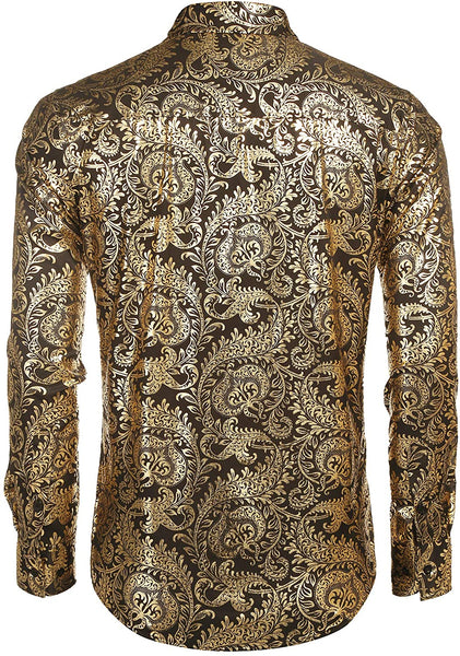 Men's Elegant Black/Silver Floral Printed Long Sleeve Dress Shirt