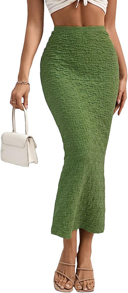 Chic Textured Green High Waist Maxi Skirt