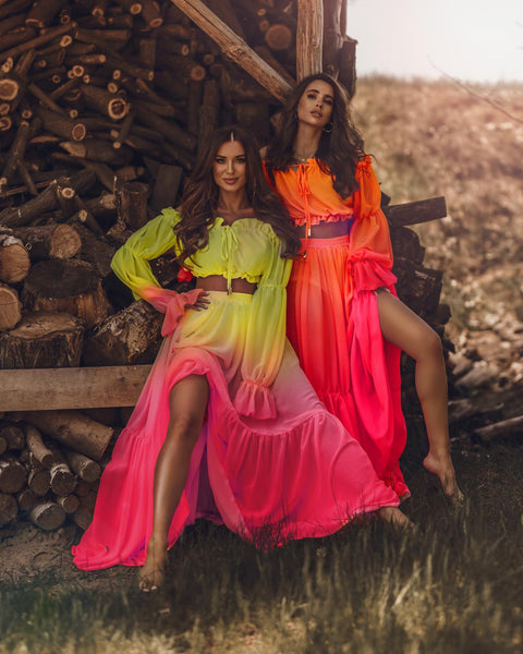 Chiffon Gradient Colorful 2pc Long Sleeve Yellow/Pink Crop Top Maxi Dress/Skirt