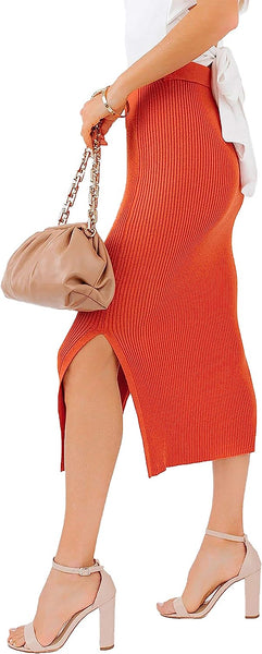 Casual Ribbed Knit Orange Midi Skirt