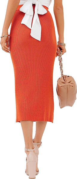 Casual Ribbed Knit Orange Midi Skirt