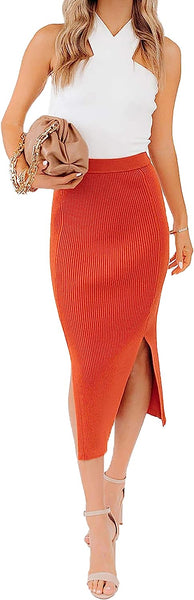 Casual Ribbed Knit Orange Midi Skirt