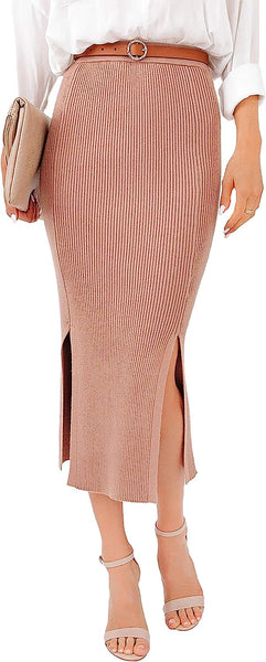 Casual Ribbed Knit Orange Midi Skirt