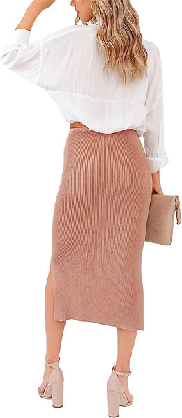 Casual Ribbed Knit Khaki Midi Skirt