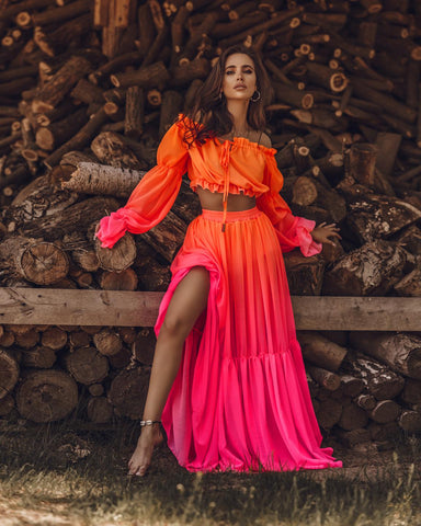 Chiffon Coral Peach 2pc Long Sleeve Orange/Yellow Crop Top Maxi Dress/Skirt