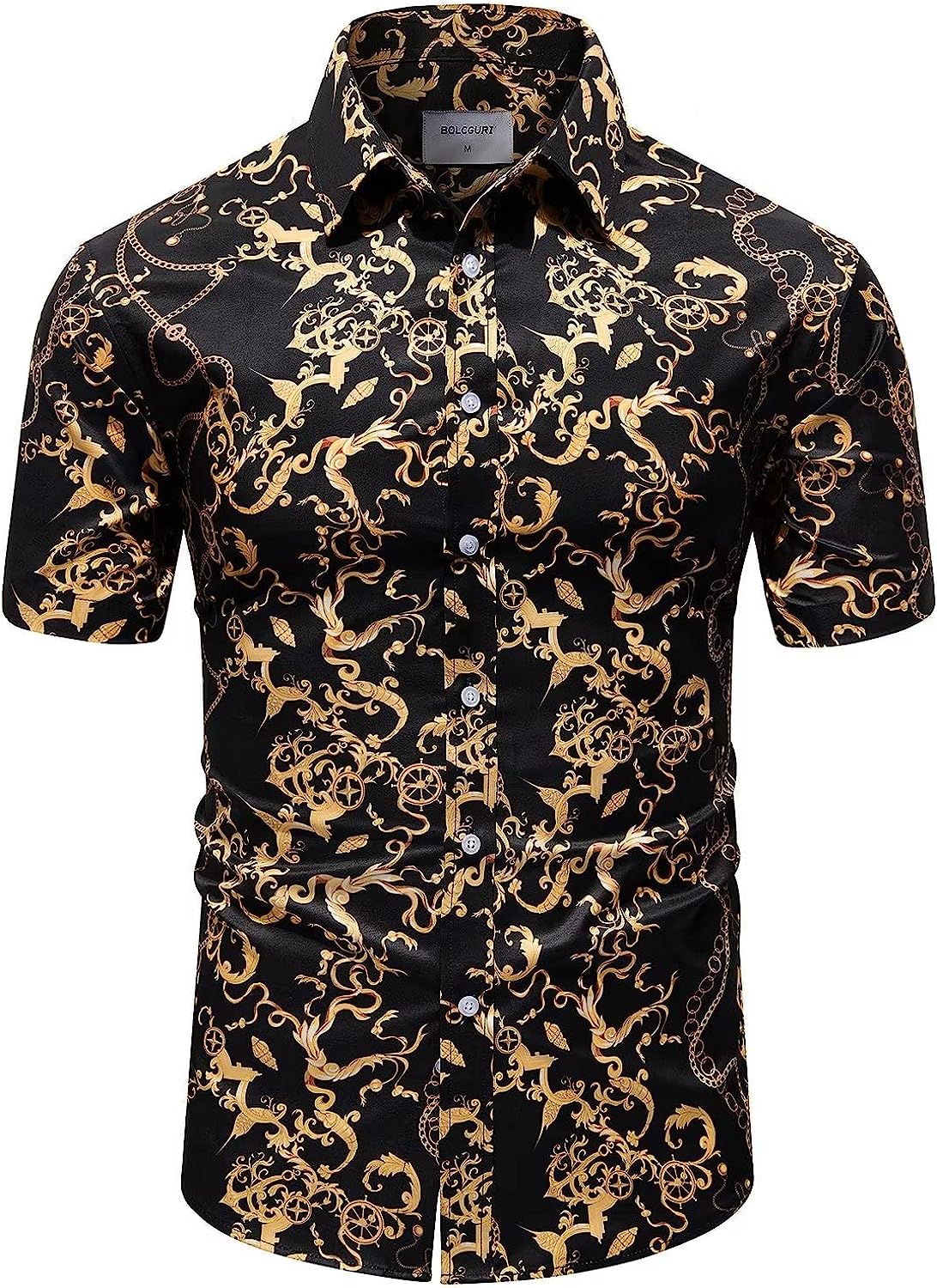 Men's Black & Gold Luxury Silky Button Up Short Sleeve Shirt