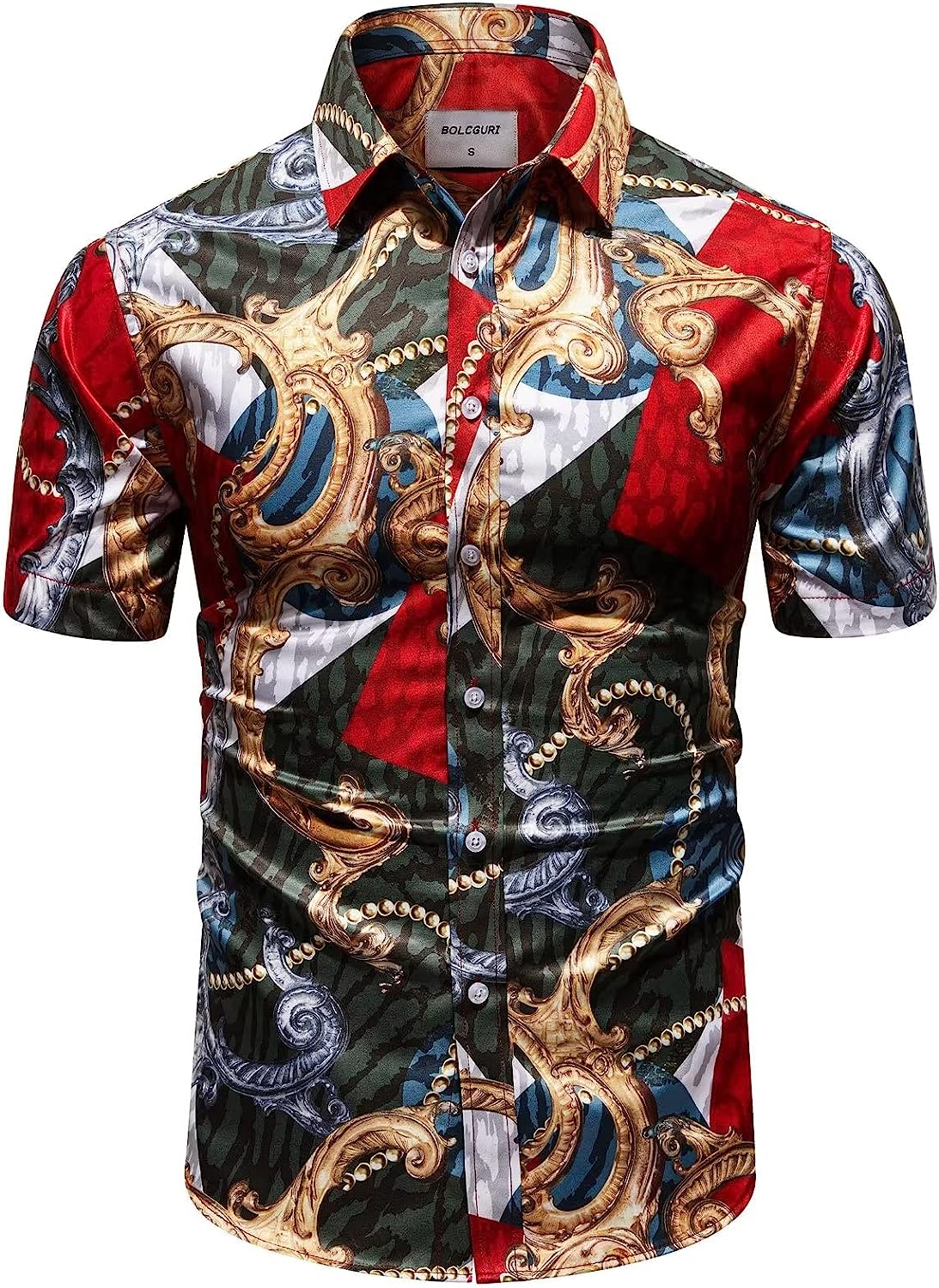 Men's Red Gold Luxury Silky Printed Button Up Short Sleeve Shirt