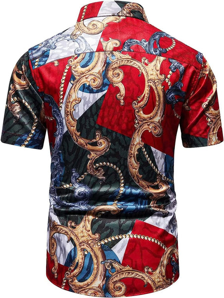 Men's Red Gold Luxury Silky Printed Button Up Short Sleeve Shirt