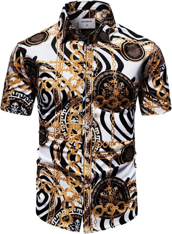 Men's White & Black Gold Luxury Silky Button Up Short Sleeve Shirt