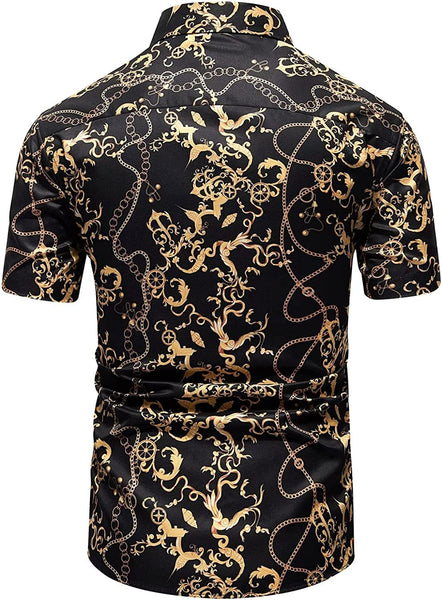 Men's Black & Gold Luxury Silky Button Up Short Sleeve Shirt