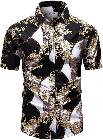 Men's Black & White Gold Luxury Silky Button Up Short Sleeve Shirt