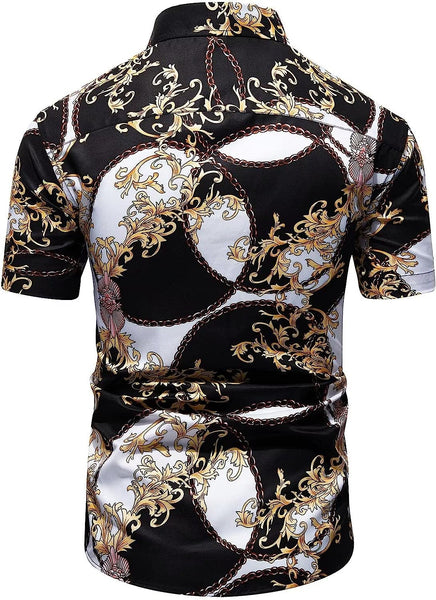 Men's Black & White Gold Luxury Silky Button Up Short Sleeve Shirt