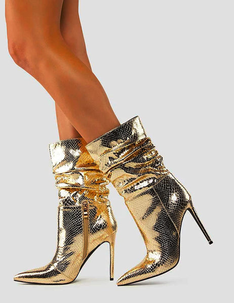 Gold Snakeskin Metallic Stiletto Style Mid Calf Boots