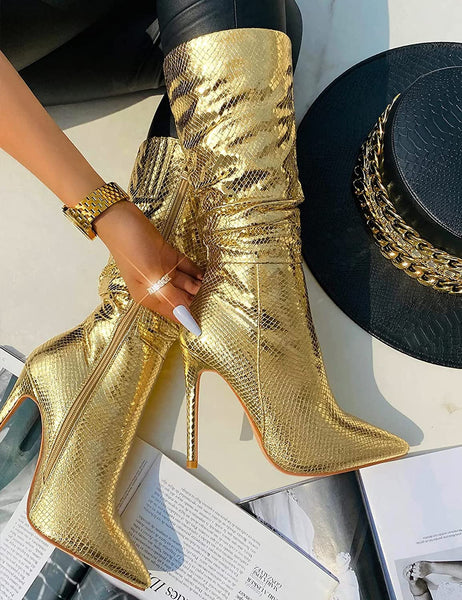 Gold Snakeskin Metallic Stiletto Style Mid Calf Boots