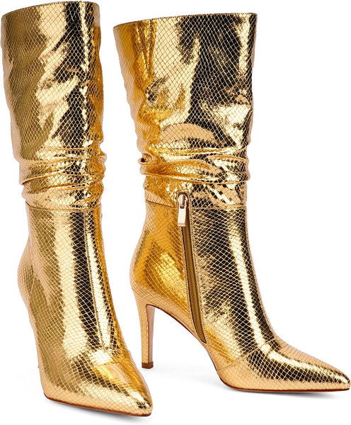 Gold Snakeskin Metallic Stiletto Style Mid Calf Boots